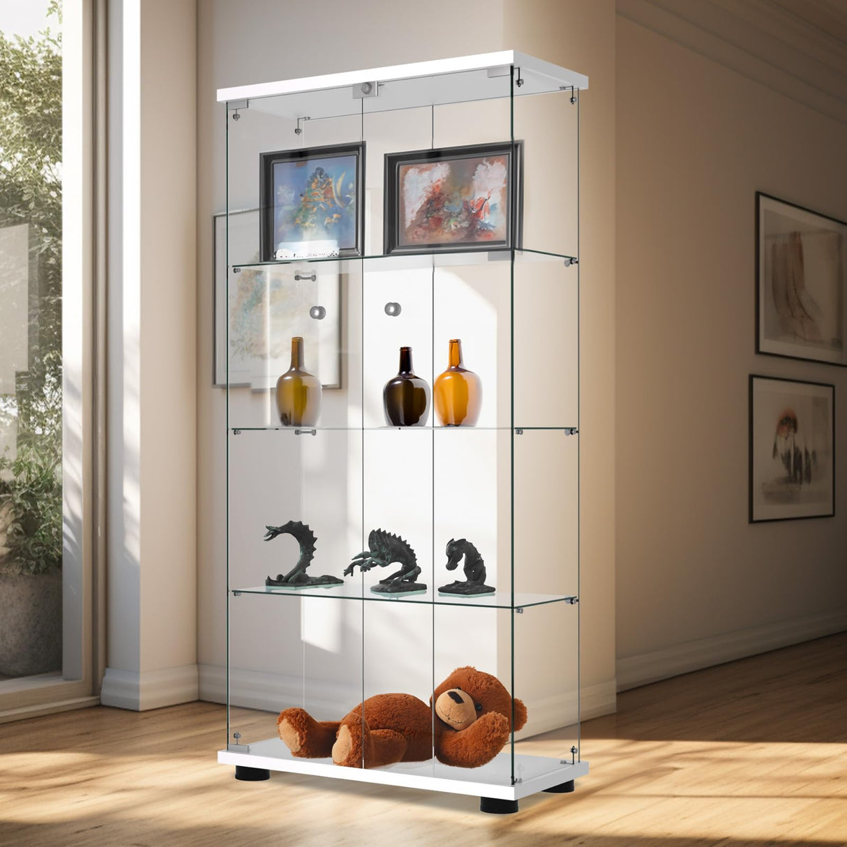 FANYUSHOW Elegant Glass Display Cabinet with Lock - Quick-Install 4-Shelf Curio Unit in White FANYUSHOW