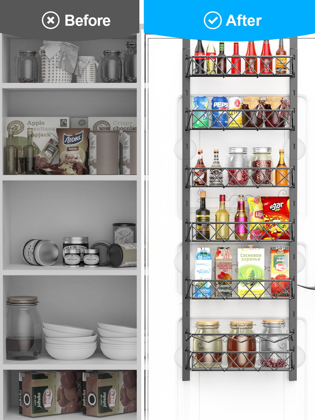 Fulpower Over the Door Pantry Organizer, 6+1 Pantry Door Organizer with Adjustable Basket, Metal Spice Rack Storage for Kitchen Pantry Black (Black 6 Fulpower