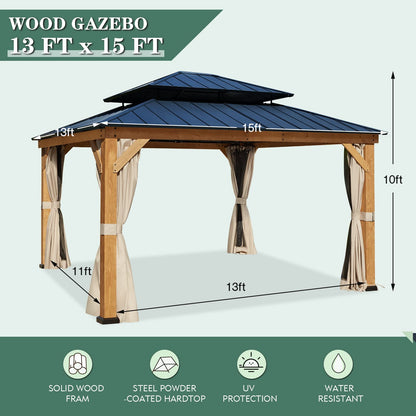 YOLENY 13' x 15' Wood Gazebo, Spruce Frame Outdoor Hardtop Gazebo with Metal Roof, Privacy Curtains and Nettings for Patio, Garden, Backyard