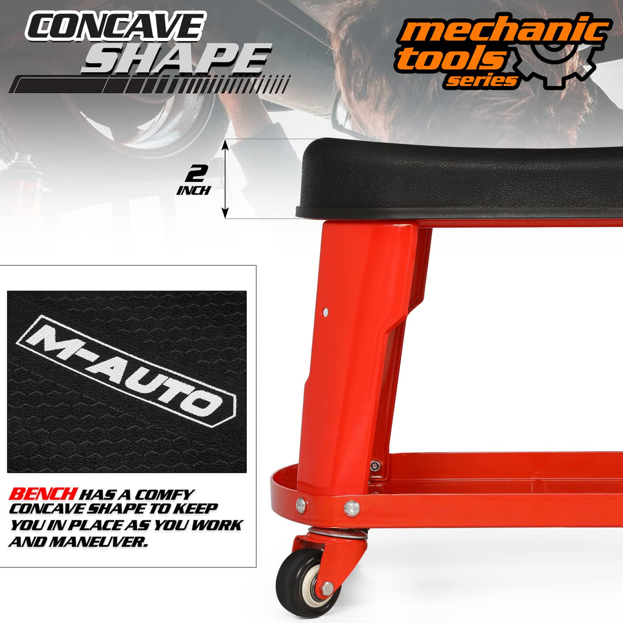 M-AUTO Heavy Duty Garage Rolling Work Seat 300LBS Capacity Mechanics Stool with Wheels, Rolling Work Seat with Equipment Tray and Tool Rack, M-AUTO