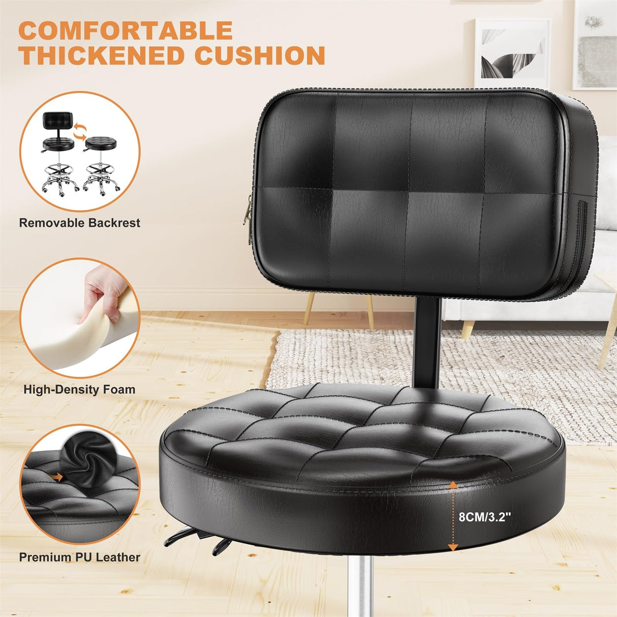 YJHome Rolling Stool, Rolling Stools with Wheels Foot Rest, Backrest Adjustable Height, Heavy Duty 400lbs Weight Capacity, Salon Spa Tattoo Massage YJHome