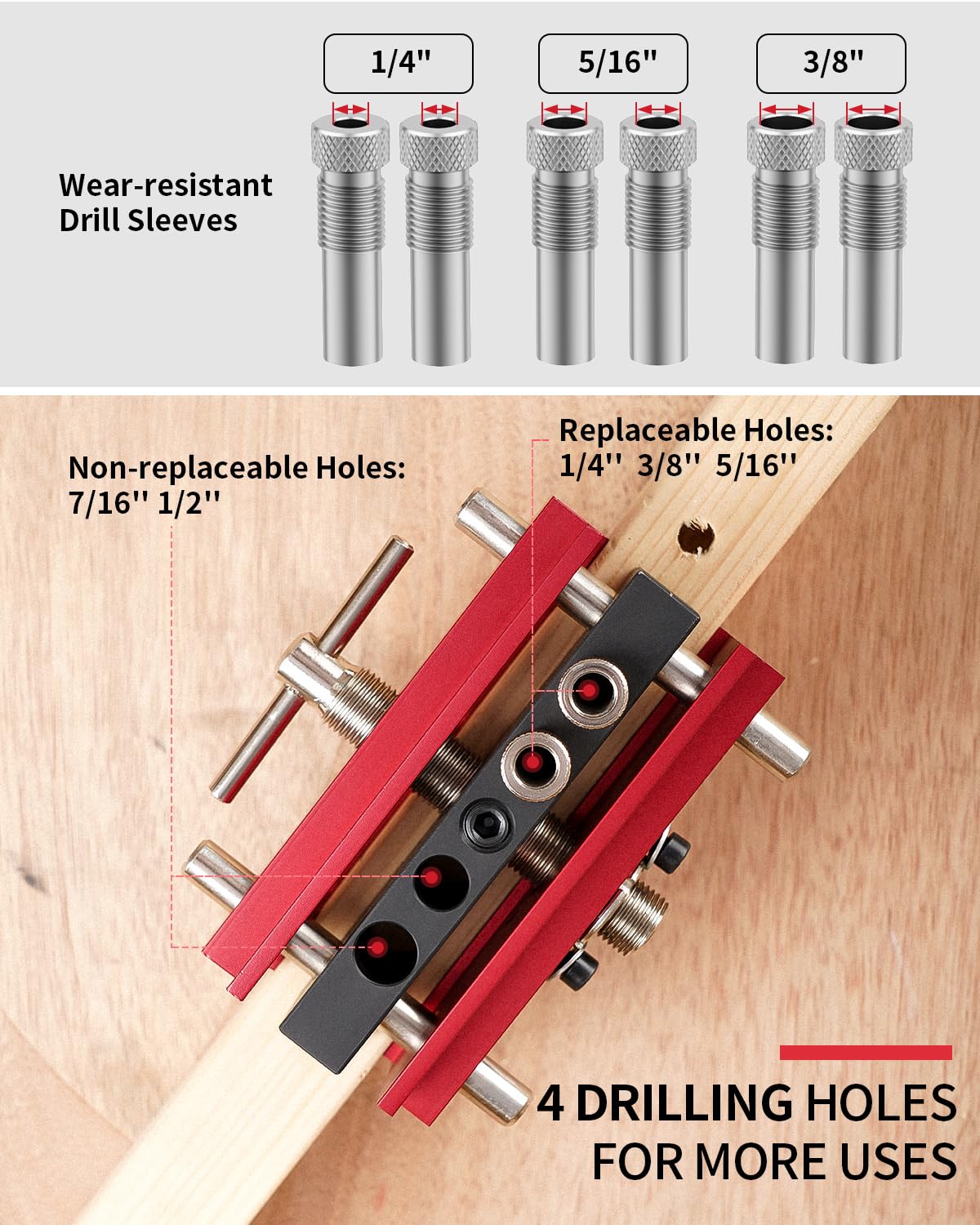 DAYDOOR Self Centering Doweling Jig, Adjustable Width Dowel Jig for Straight Holes, Biscuit Joiner Set with 6 Bushings and 3 Drill Bits(Red) DAYDOOR
