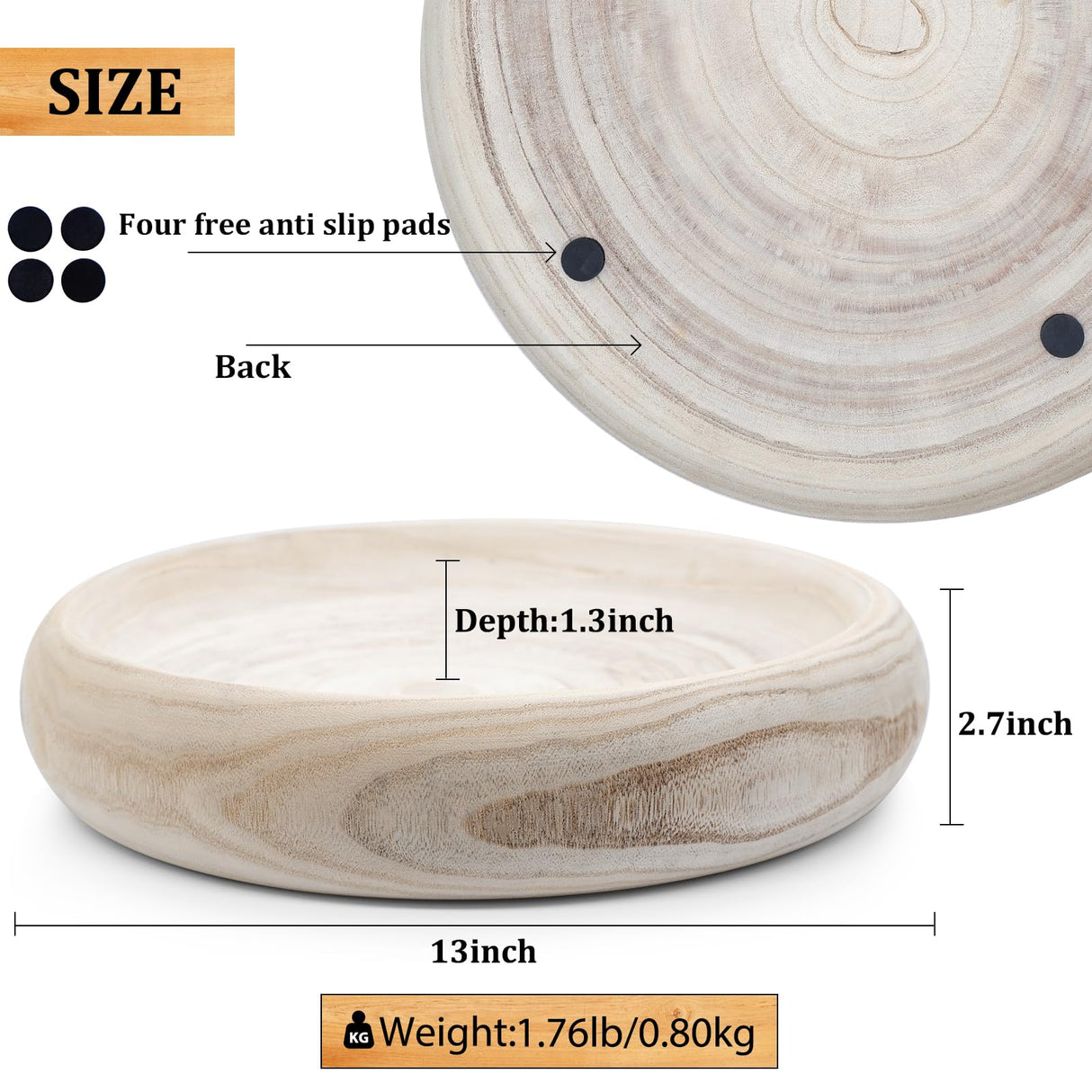 SAMGUYUE Wooden Bowls Round Decorative Paulownia Wood Centerpiece Bowls for Home Decor Natural Fruit Bowl for Coffee Table Key Tray for Entryway Moss SAMGUYUE