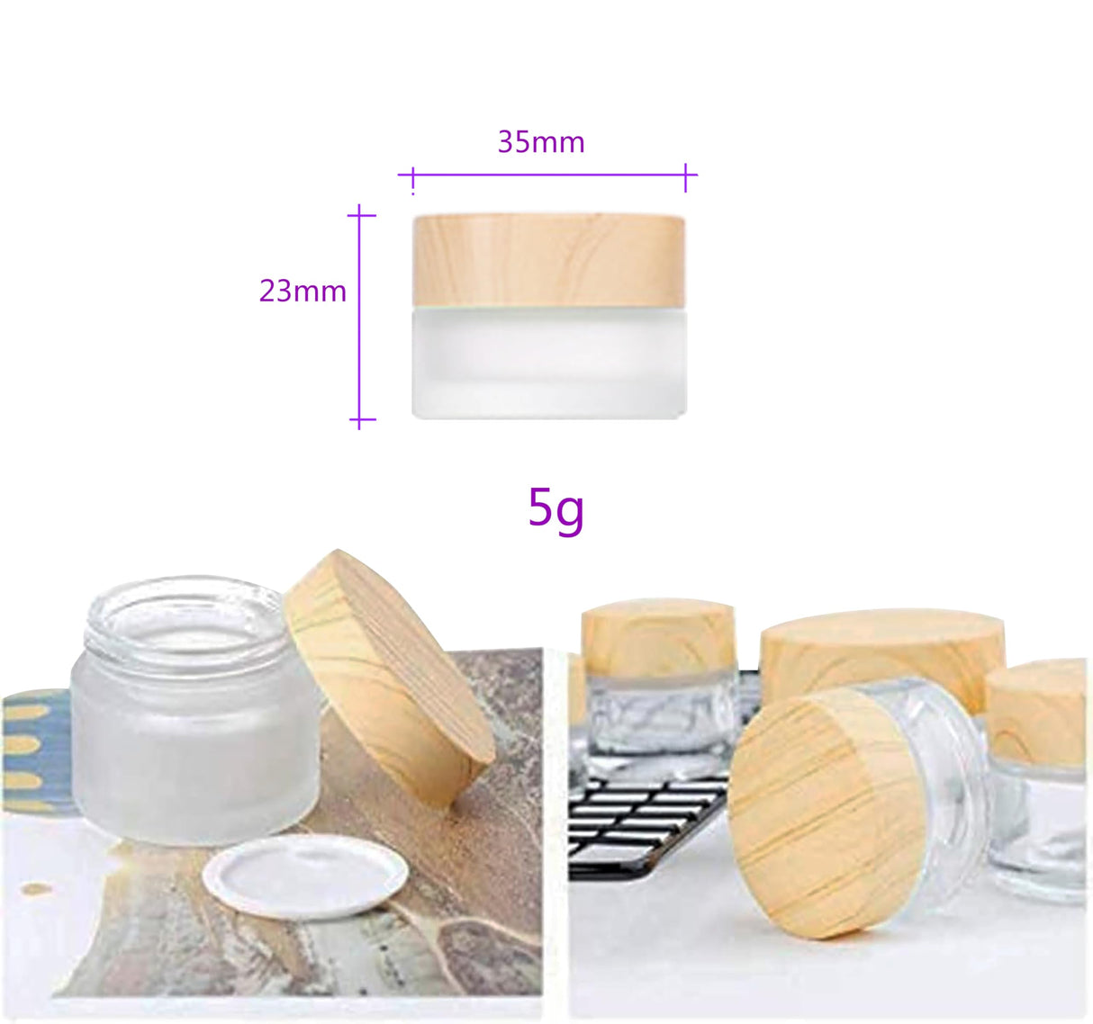 Healthcom 10 Pcs 5 Grams/5 ML Empty Frosted Glass Cream Jars Bottle Vials with Wood Grain Lid Lotion Jars Cosmetic Comtainers Refillable Glass Cream Healthcom