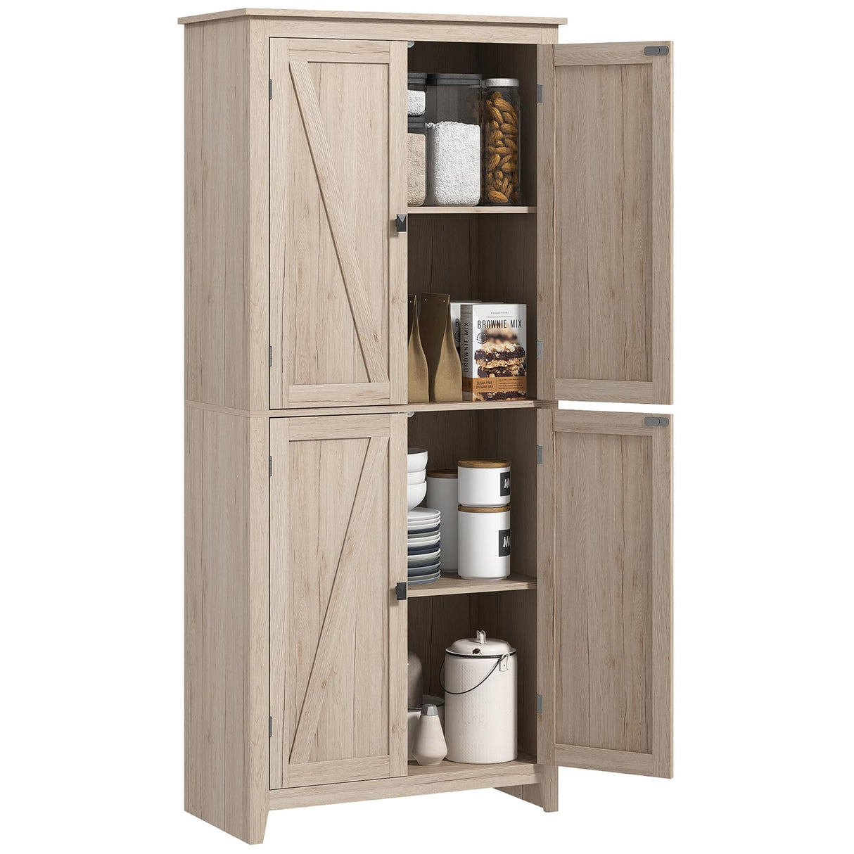 HOMCOM 72" Freestanding 4-Door Kitchen Pantry, Storage Cabinet Organizer with 4-Tiers, and Adjustable Shelves, Natural HOMCOM