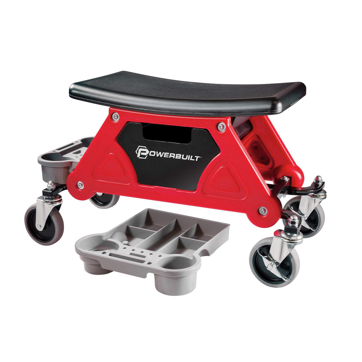 Powerbuilt Heavy Duty Roller Mechanics Seat and Brake Stool with 4-in. Rubber Swivel Casters Roll Over Anything, Big Seating Platform, Slide Out Tool Powerbuilt