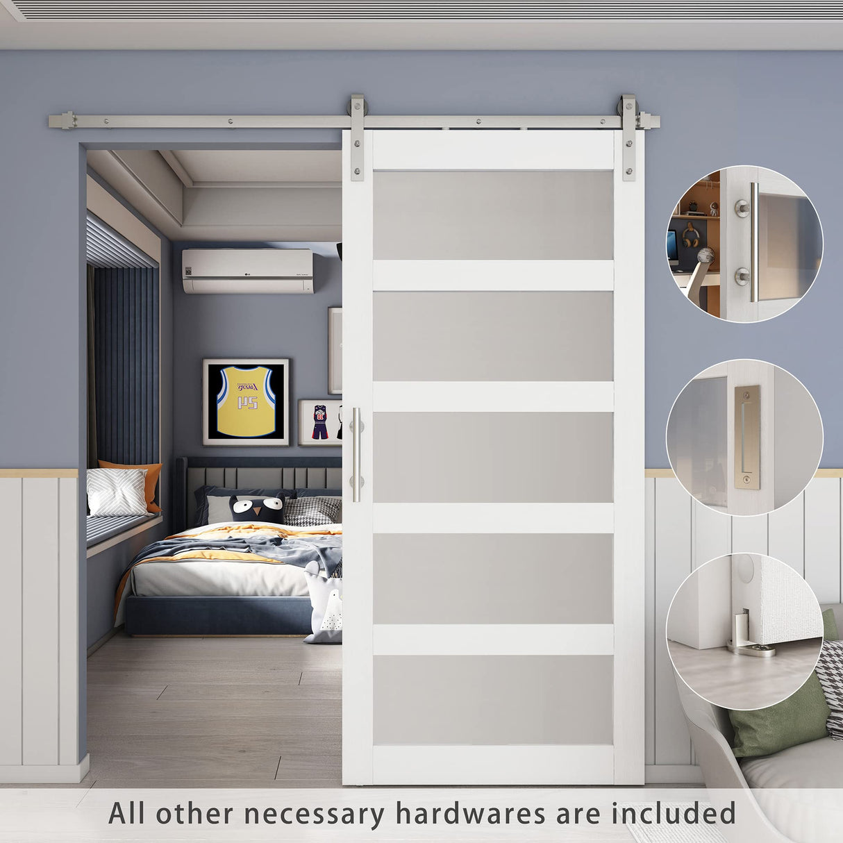 BARNSMITH 36in x 84in Glass Barn Door with 6.6FT Brushed Nickle Sliding Door Hardware Kit Included & Handle,5-Panel Frosted Glass Solid Wood BARNSMITH