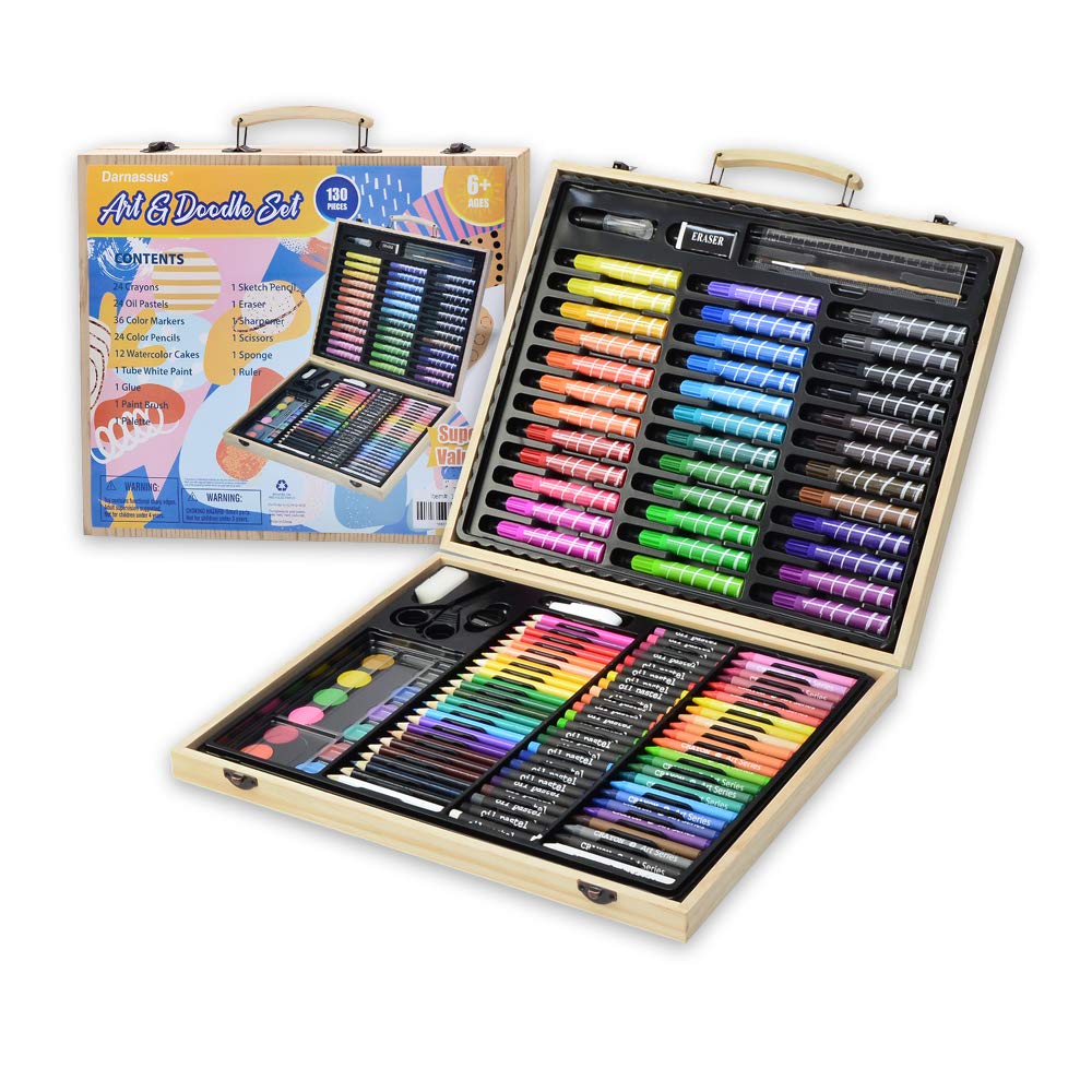 Darnassus 130-Piece Art Set, Deluxe Professional Color Set, with Compact Portable Wooden Case, Art Kit Gift for 4-12 Age Darnassus