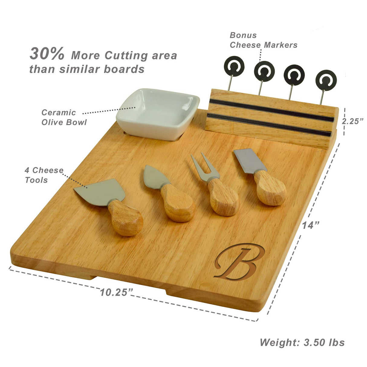 Personalized Monogrammed Laser Engraved Hardwood Board for Cheese & Appetizers - Includes 4 Cheese Knives, Cheese Markers & Ceramic Dish - Designed Picnic at Ascot