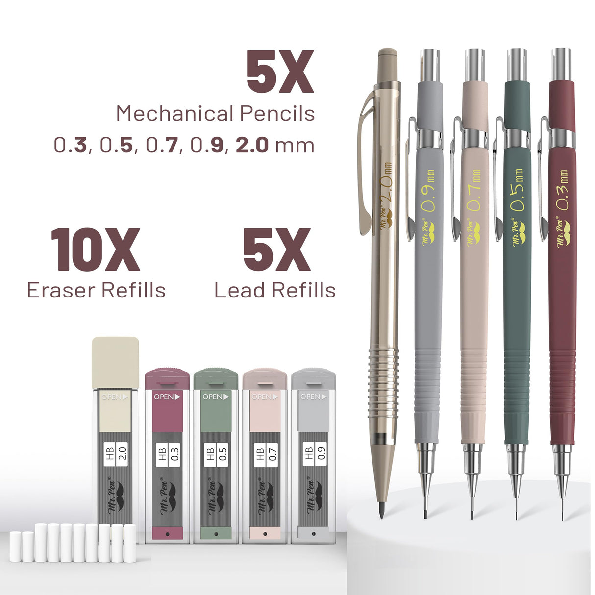Mr. Pen- Mechanical Pencil Set with Leads and Eraser Refills, 5 Sizes - 0.3, 0.5, 0.7, 0.9 and 2 Millimeters, for Drafting, Drawing and Sketching Mr. Pen