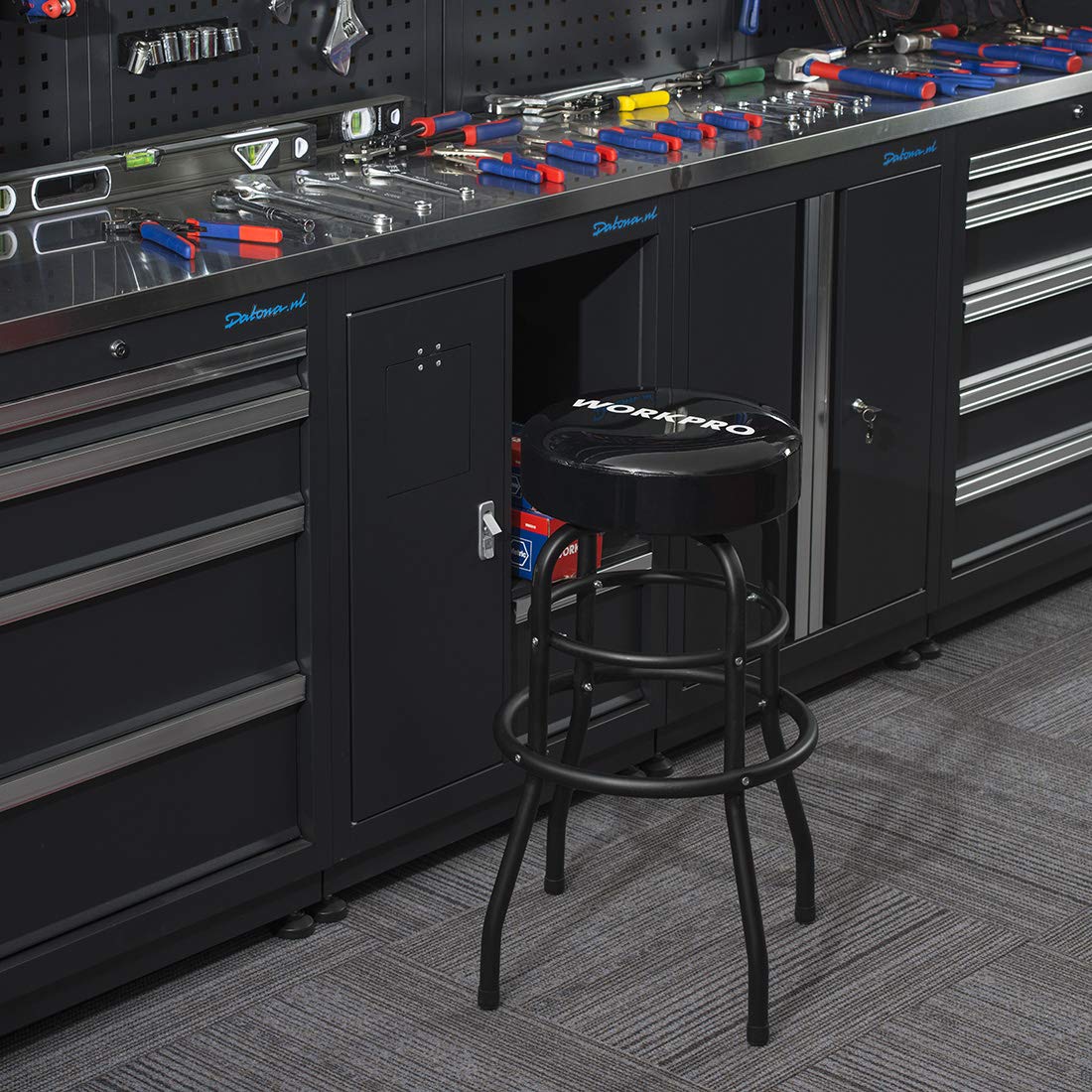 WORKPRO W112003 Garage Shop Stool, Heavy-Duty Steel Construction Garage Stool, Swivel Cushion Seat, Black Powder Coated Legs & Footrest (Single Pack) WORKPRO