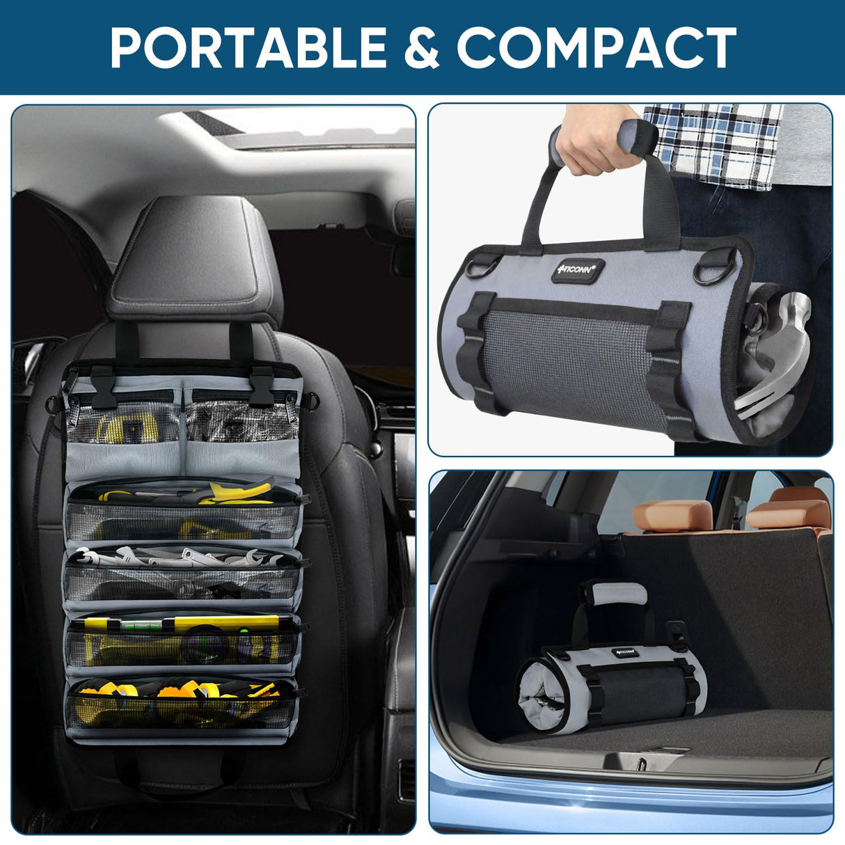 TICONN Tool Roll Bag, Heavy Duty Roll Up Tool Bag Organizer, Portable Visible Tool Storage Bag with 2 Detachable Tool Pouch (Green) TICONN