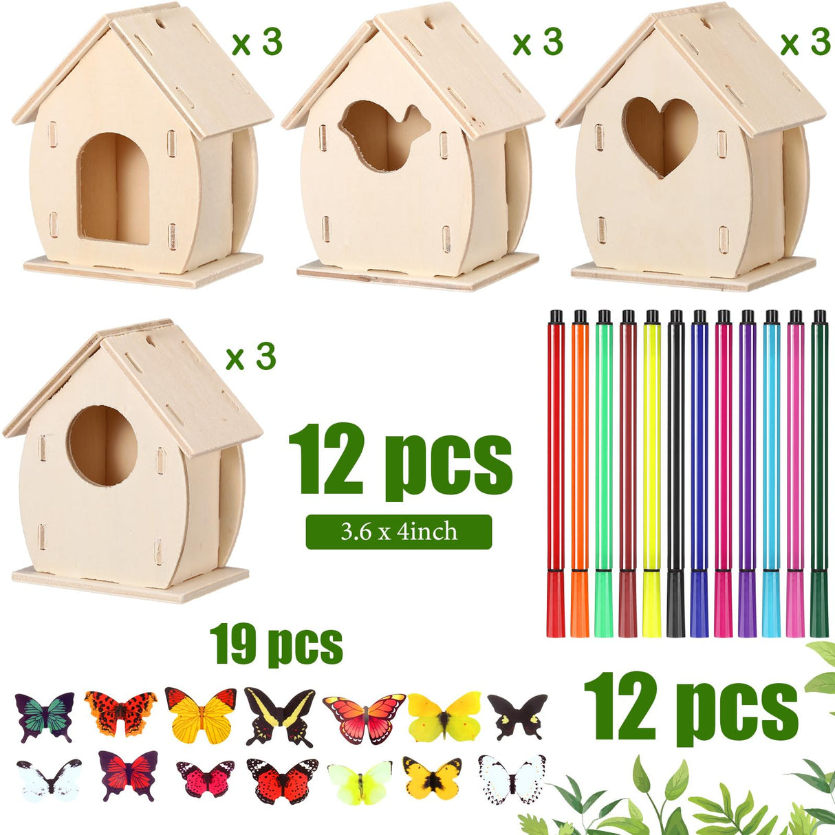 Outus 12 Pcs Wooden Birdhouse Craft Kits to Build, 4 Shapes Wooden Unfinished Bird House with Watercolor Pen and Butterfly Sticker for Boy and Girl Outus