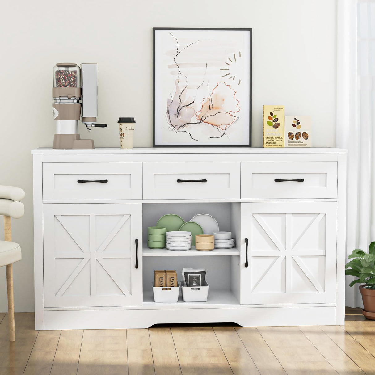 Tradare Sideboard Buffet Cabinet with Storage, Large Kitchen Buffet Cabinet with Doors and Drawers, 55” Farmhouse Entryway Console Cabinet for Tradare