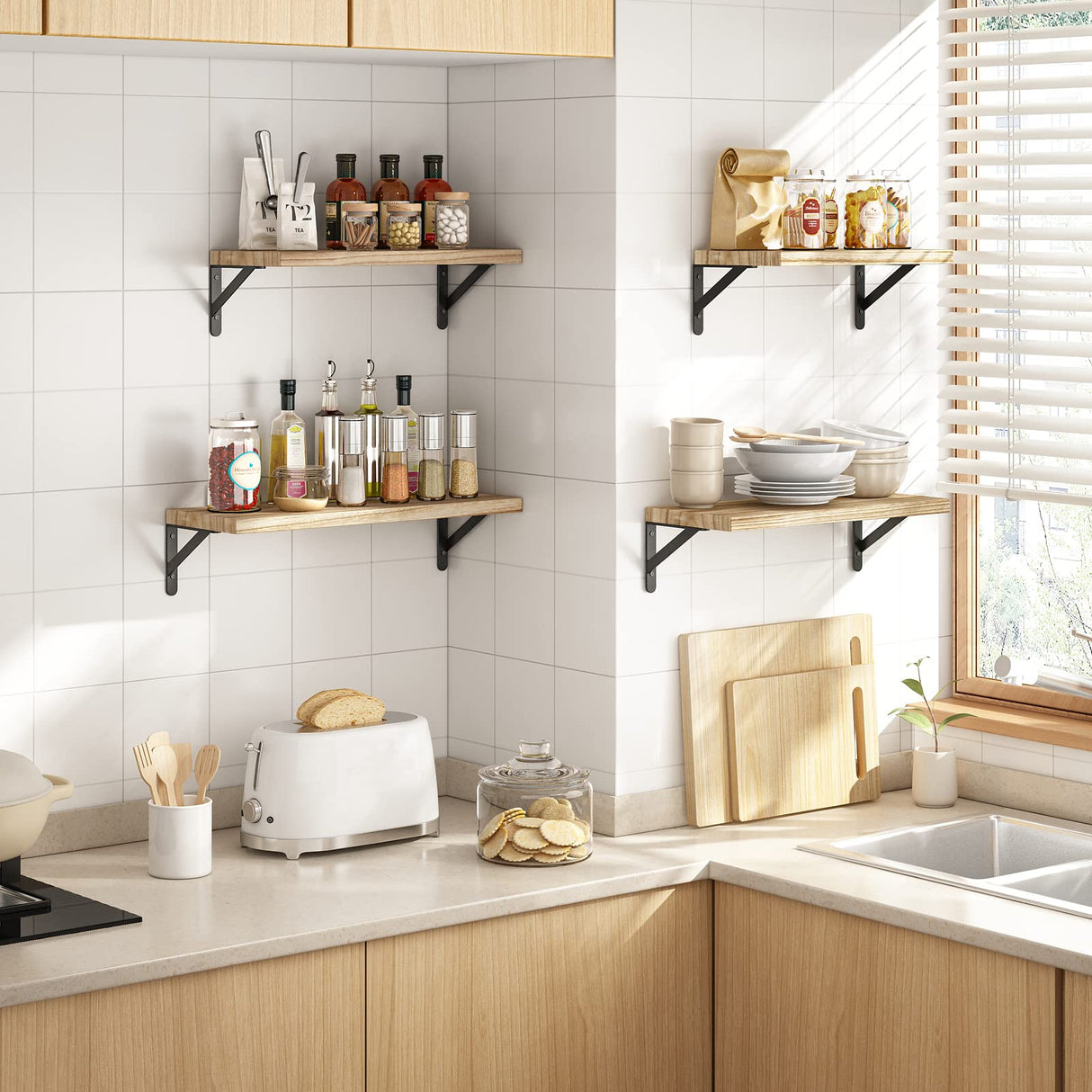 YGEOMER Floating Shelves, Rustic Wood Shelves, 4 Sets of Wall Mounted Shelf for Bathroom Decor, Bedroom, Living Room and Plants (Carbonized Black) YGEOMER