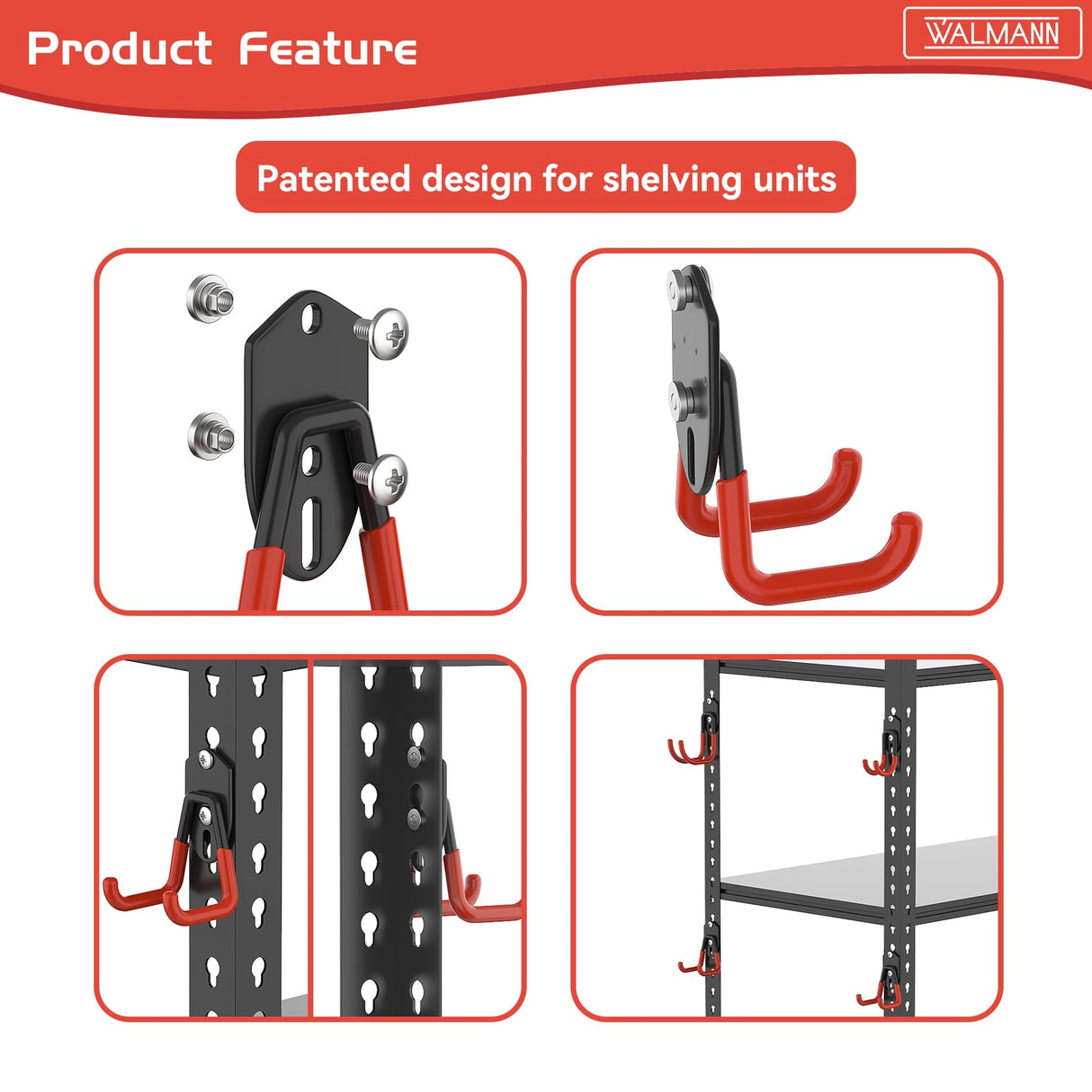 WALMANN 12PCS Garage Storage Hooks, Wall Mount Utility Hooks for Tools, Ladders, Cords, Folding Chairs, Shovels and Rakes, Shelving Hooks for Keyhole WALMANN