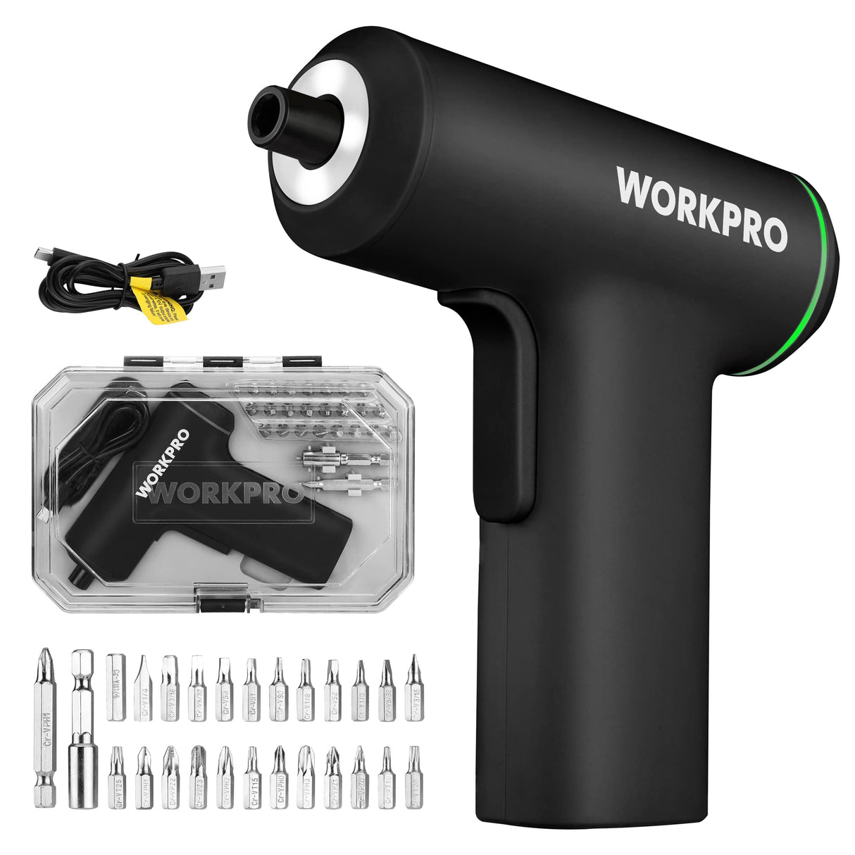WORKPRO Electric Cordless Screwdriver Set, 4V USB Rechargeable Lithium-ion Battery Power Screwdriver Kit with LED Light, Screw Gun with 28pcs WORKPRO