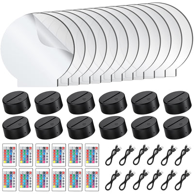 12 Pieces Clear Acrylic Sheets and 12 Pieces 3D Night LED Light Lamp Base with Remote Control and USB Cable, DIY Acrylic Lamp Base Set for Restaurant