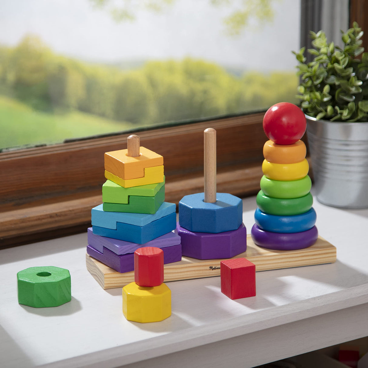 Melissa & Doug Geometric Stacker - Wooden Educational Toy - Shape Sorter And Stacking Toy, Stacking Tower Toy For Babies, Toddlers And Kids Ages 2+, Melissa & Doug