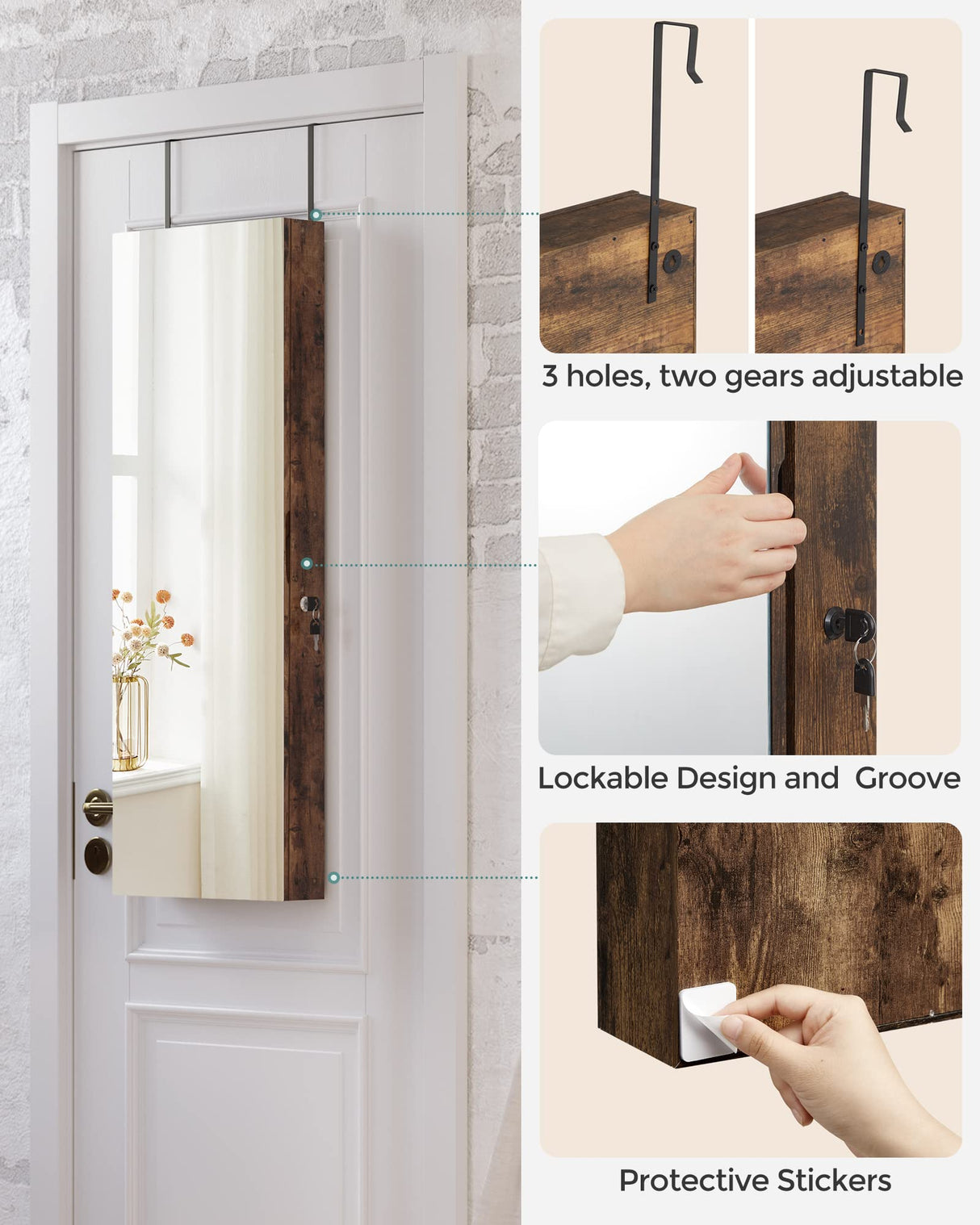 SONGMICS Mirror Jewelry Cabinet Armoire Organizer, Wall/Door Mount Storage Cabinet with Full-Length Frameless Lighted, Built-in Makeup Mirror, 2 SONGMICS