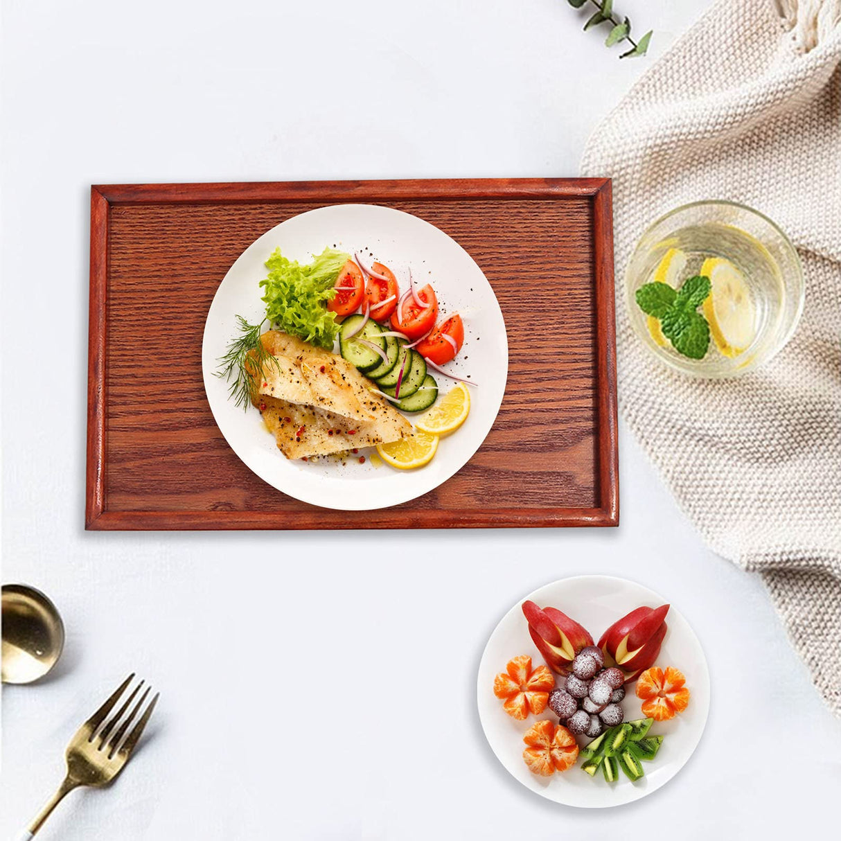 Solid Wood Serving Tray, Rectangle Non-Slip Tea Coffee Snack Plate, Food Meals Serving Tray with Raised Edges for Home Kitchen River-CJ