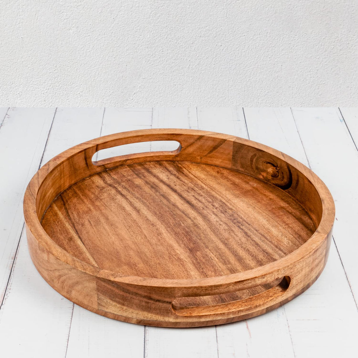 Samhita Round Serving Acacia Wooden Tray with Handles for Serving Beverages & Food on Bar Living Room Home Dining Table (12" x 12" x 1.6") Samhita
