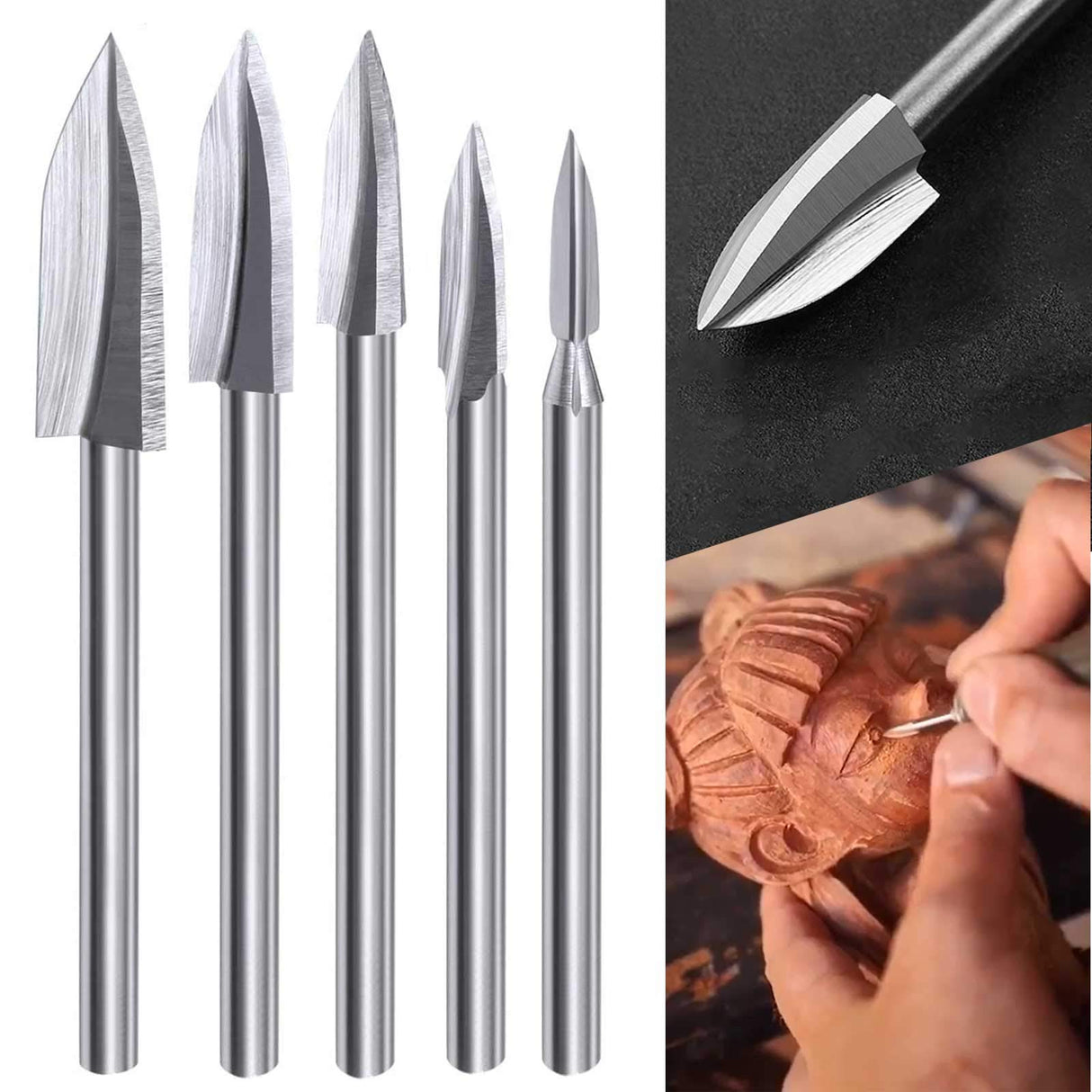 Wood Carving Tools, 5 PCS HSS Engraving Drill Bit Set Wood Crafts Grinding Woodworking Tool 1/8” Shank Universal Fitment for Rotary Tools YURINWOO