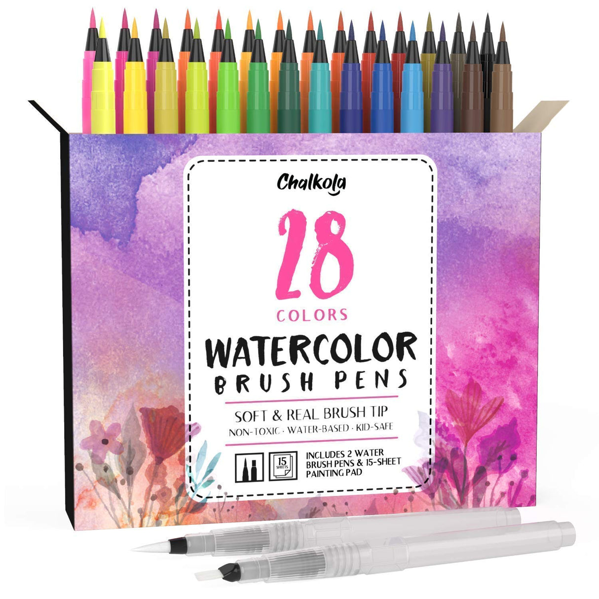Chalkola Artist Bundle: 28 Watercolor Brush Pens + 25 Canvases Variety Pack Chalkola