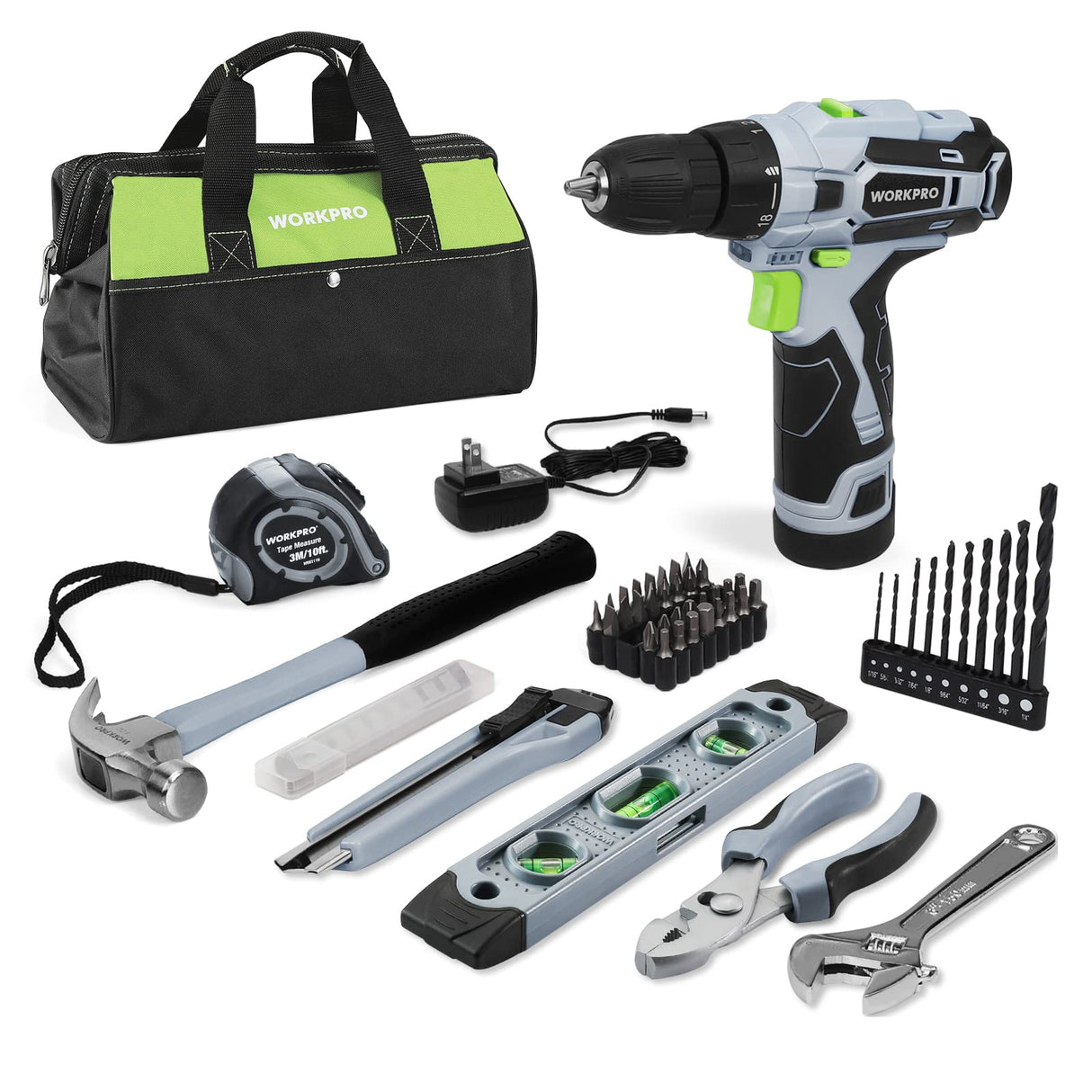 WORKPRO 12V Cordless Drill Driver and Home Tool Kit, Hand Tool Set for DIY, Home Maintenance, 14-inch Storage Bag Included WORKPRO