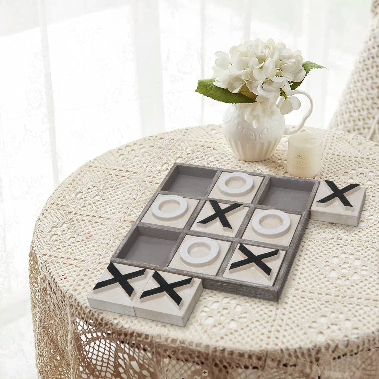 JEVERGN 12.6" Large Tic Tac Toe Game, Rustic Wooden Coffee Table Game, Wood Tic-tac-Toe Board Game with Decor, Family Games for Adult & Kids, Washed JEVERGN