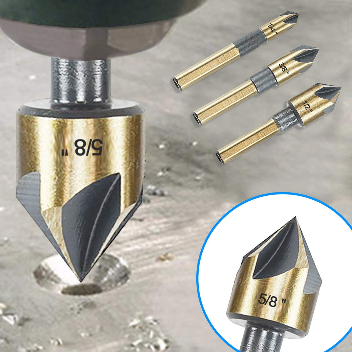 Countersink Drill Bit Set, 5 Pieces High Speed Steel 82 Degree 5 Flute 6mm Round Shank Mill Cutter Bit Countersink in Sizes 1/4” 3/8” 1/2” 5/8” 3/4” DKIBBITH