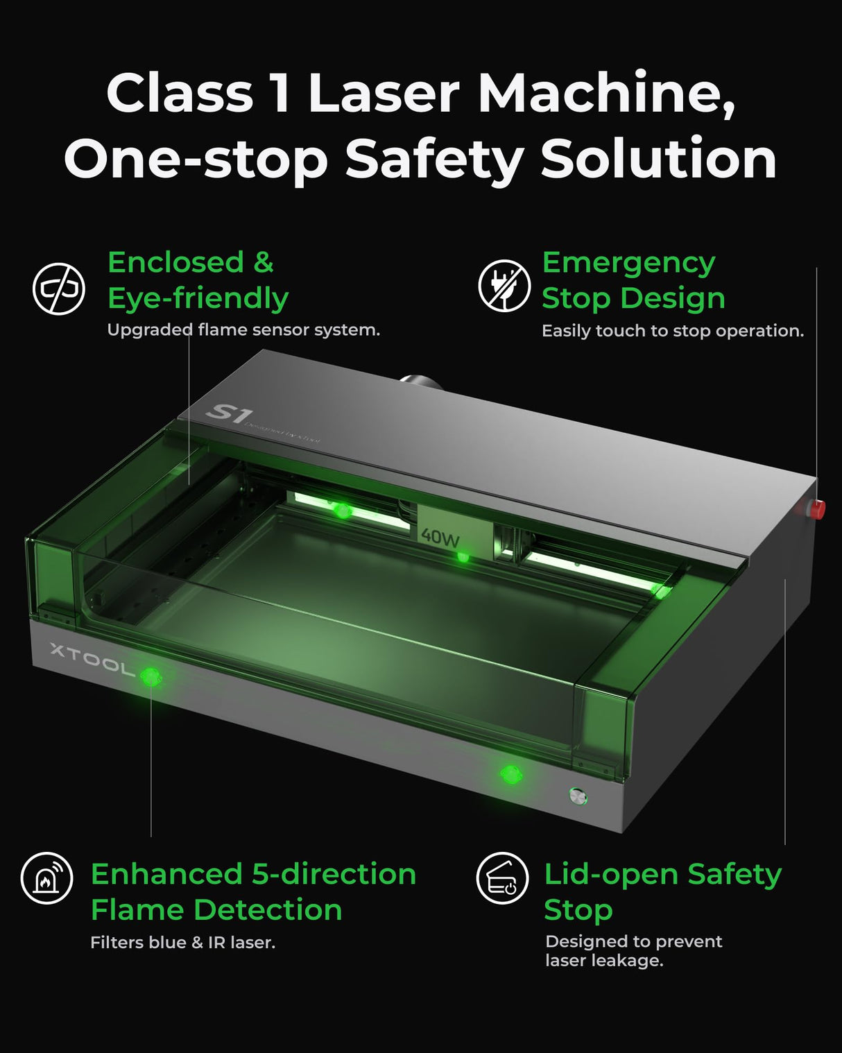 xTool S1 Enclosed Laser Cutter and Engraver Machine with Air Assist, Honeycomb, 40W Laser Power, 600mm/s, 419 * 319mm for Batch Process, Laser xTool