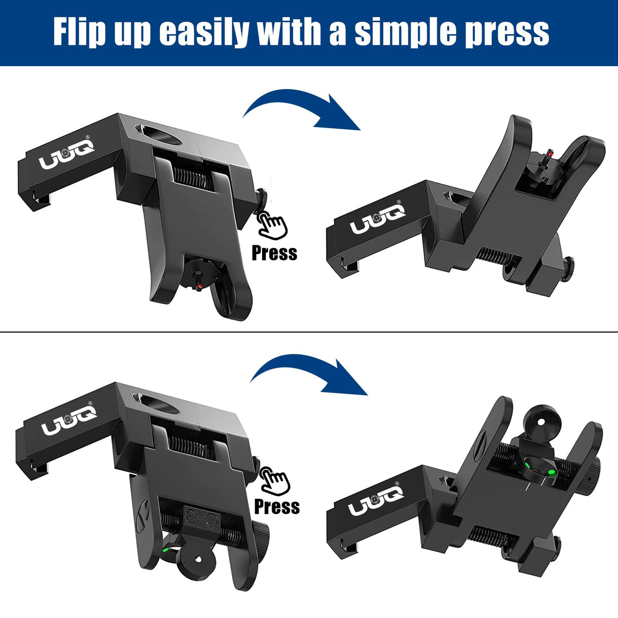 UUQ 45 Degree Offset Fiber Optic Iron Sights,Flip Up Front Rear Sites with Red&Green Dot,BUIS Backup Sight Set for Airsoft Gun, Tool-Free Adjustable UUQ