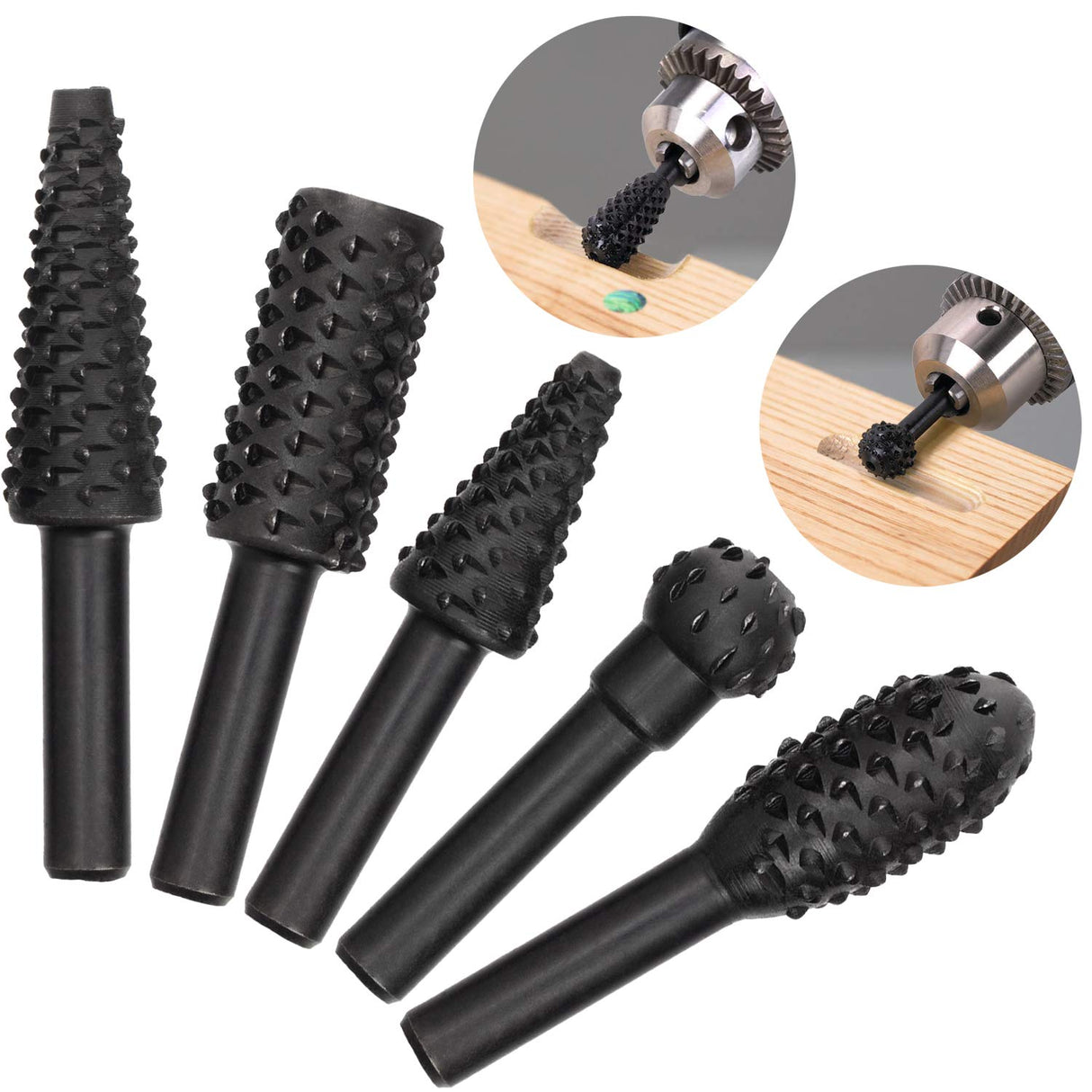 OIIKI 5 PCS Woodworking Twist Drill Bits, Wood Carving File Rasp Drill Bit, with 1/4" Shank Tool Rasp Chisel Shaped Rotating Embossed Grinding Head OIIKI