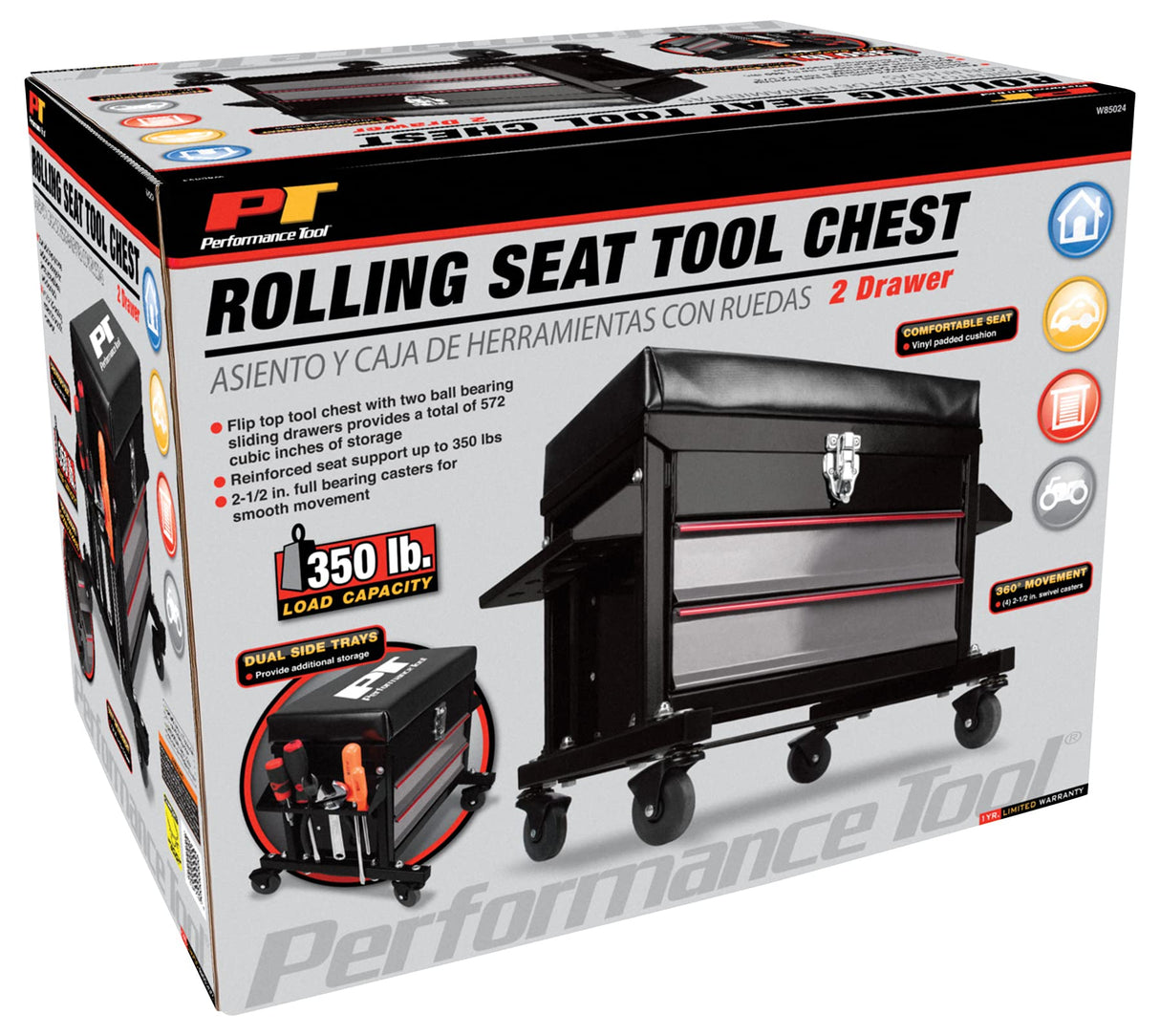Performance Tool W85024 Drawer Creeper Rolling Work Seat with Tool Box for Mechanic Garages and Workshops, Black, 16x9-inch Seat Performance Tool