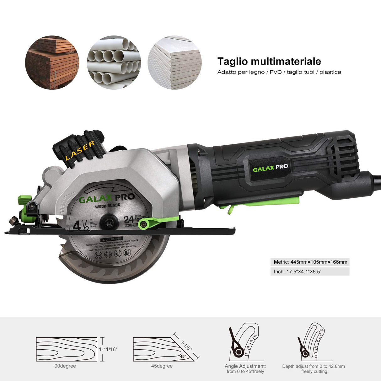 GALAX PRO 4Amp 3500RPM Circular Saw with Laser Guide, Max. Cutting Depth1-11/16"(90°), 1-1/8"(45°)Compact Saw with 4-1/2" 24T TCT Blade, Vacuum GALAX PRO