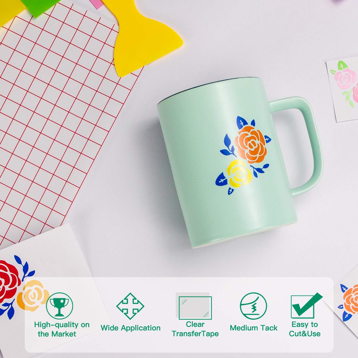 HTVRONT Transfer Tape for Vinyl- 5.5" x 50 FT w/Red Alignment Grid for Cricut Joy and Cricut Adhesive Vinyl, Silhouette Cameo Transfer Paper for HTVRONT