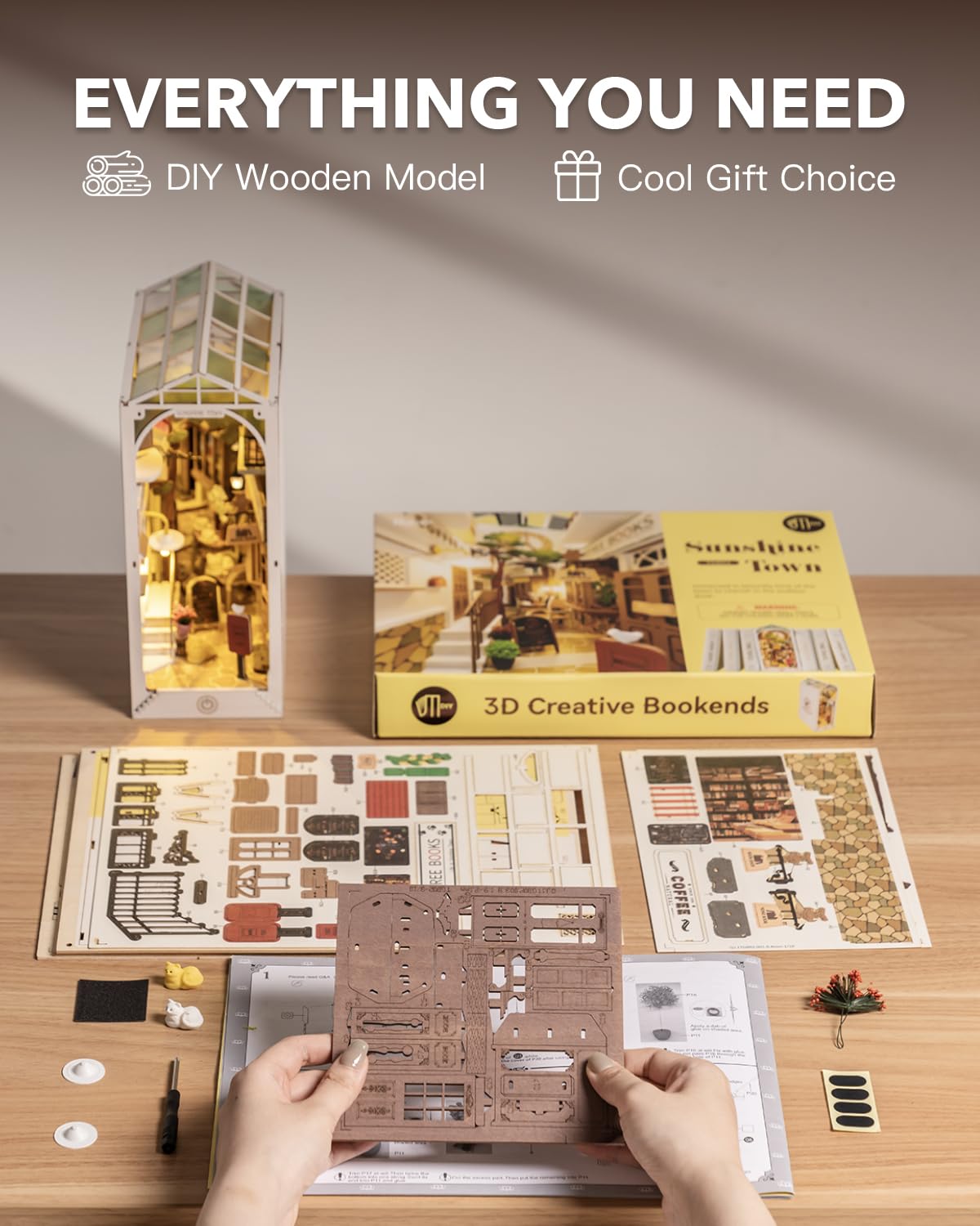 Rowood Book Nook Kits for Adults Bookshelf Insert Decor Alley 3D Wooden Puzzle Bookend DIY Craft Kits for Adults with LED Light - Sunshine Town RoWood