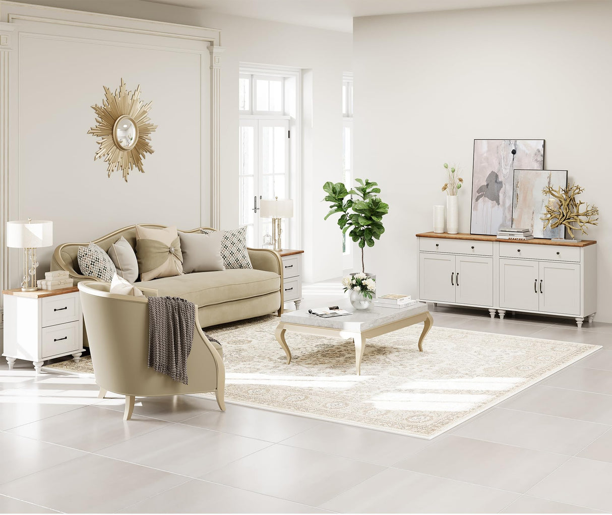 WAMAPT Buffet Cabinet with 4 Doors and 2 Drawers, Large Coffee Bar Tables Wood Kitchen Storage Cabinets with Storage Cabinets, Modern Farmhouse WAMPAT