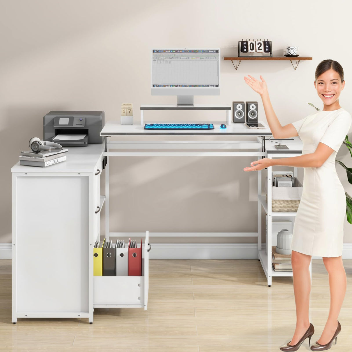 Halitaa 61" L Shaped Computer Desk with Lift Top, Power Outlets, and 3 Drawers Halitaa