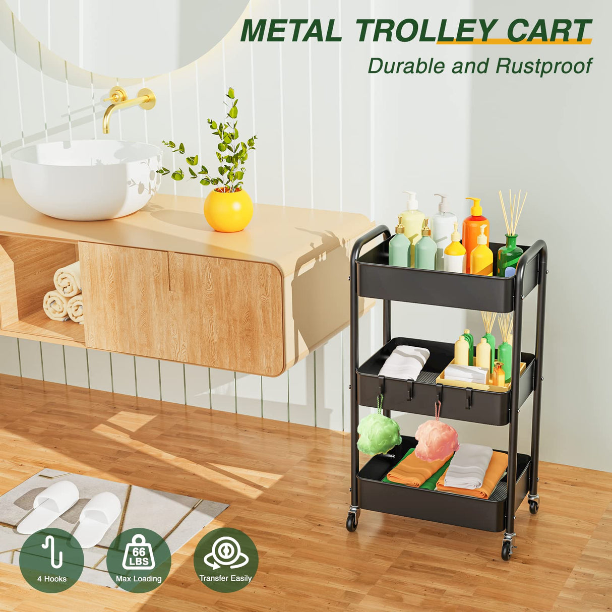 LEHOM 3 Tier Rolling Utility Cart, Metal Trolley Cart with Wheels, Hooks, Easy Assembly Organizer Storage Cart for Bathroom, Kitchen, Office, LEHOM