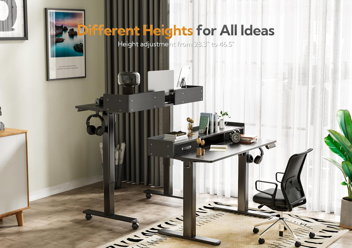 Claiks Standing Desk with Drawers, Stand Up Electric Standing Desk Adjustable Height, Sit Stand Desk with Storage Shelf and Splice Board, 55 Inch, Claiks