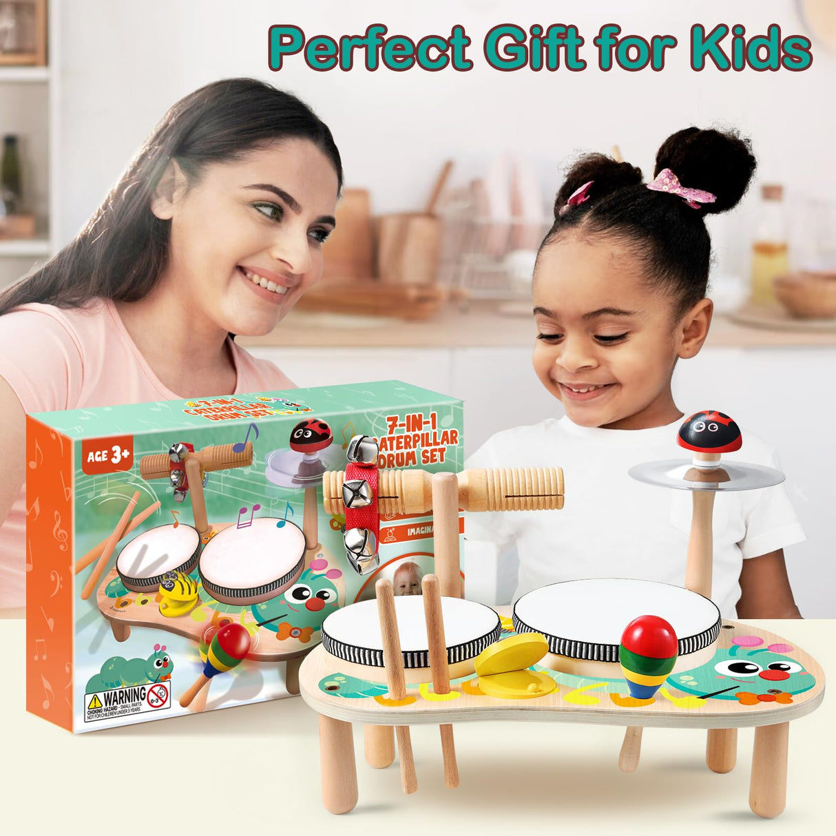 GraceDuck Kids Drum Set for Toddlers: Montessori Musical Instruments Set Toddler Toys - 7 in 1 Wooden Musical Kit Baby Sensory Educational Toys GraceDuck