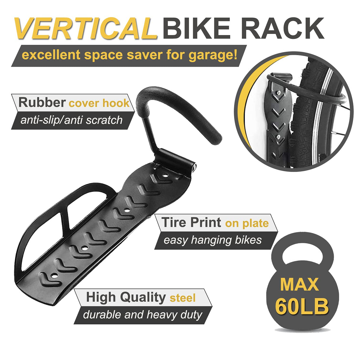 Bike Rack for Garage Wall Mount 4 Pack Vertical Bike Hooks Bicycle Hanging Hooks for Indoor Storage with Non-reversible Hooks Laxama