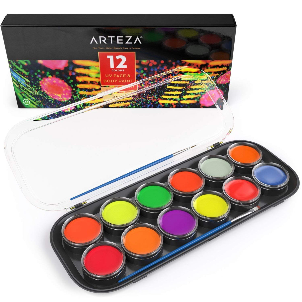 ARTEZA UV Face Paint Kit, 12 Neon Colors, Water Based, Nontoxic Paint for Professional Halloween & Day of The Dead Costumes, Festivals, Theater & ARTEZA
