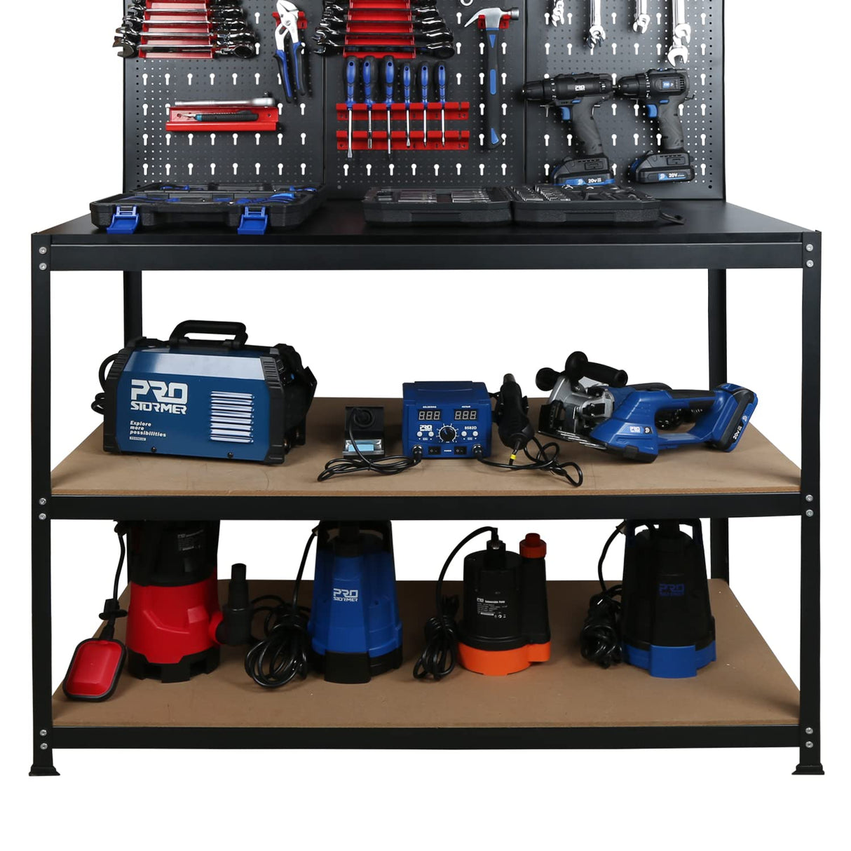 47”Workbench, Heavy-Duty Steel Tool Workbench with Pegboard Shelves, 330Lbs Multipurpose Work Benches for Garage, Home, Workshop Storage Prostormer