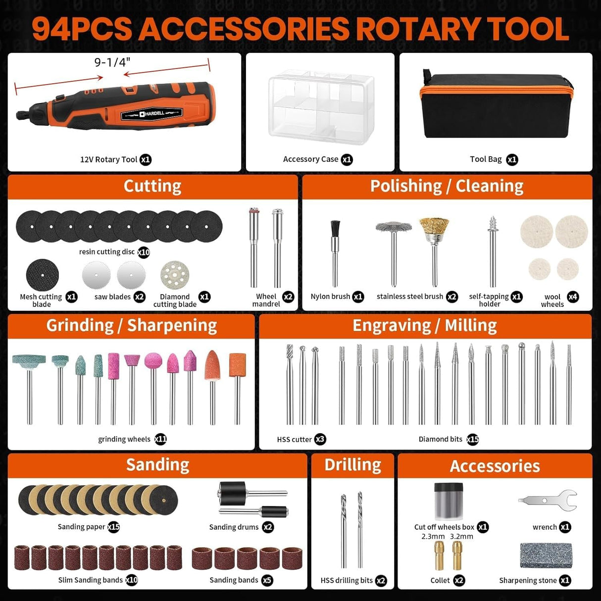 HARDELL 12V Cordless Rotary Tool, 6-Speeds Rotary Tool Kit, 30000RPM Power Rotary Tools 94 Rotary Tool Accessories for Engraving, Sanding, Polishing, HARDELL