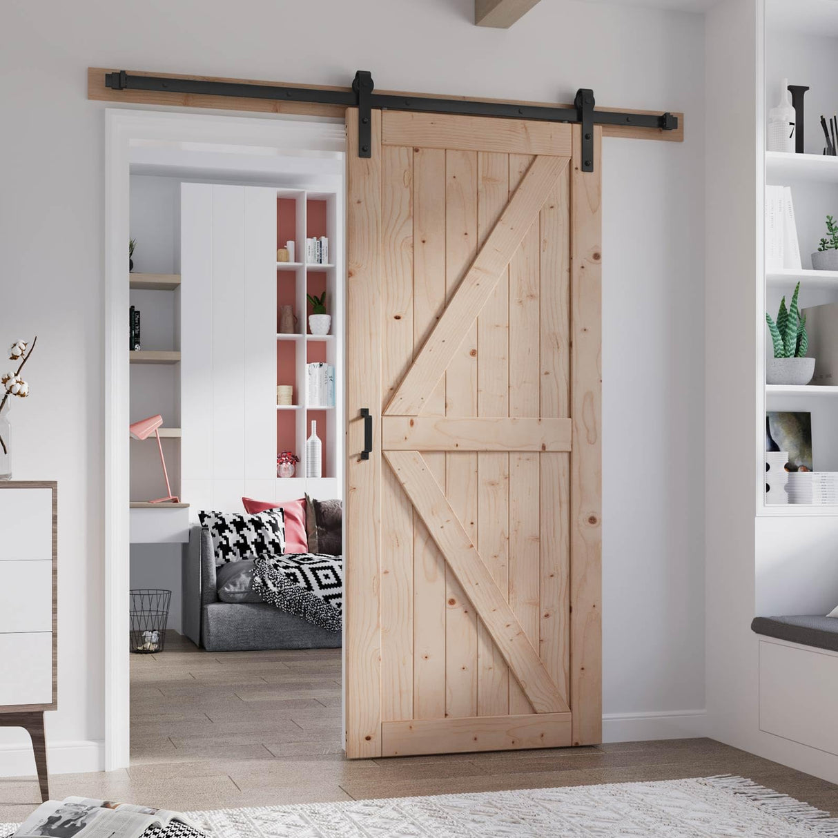 FREDBECK 36in x 84in Wood Barn Door with 6.6FT Barn Door Hardware Kit Included K Shape Solid Spruce Wood Panel Need to Assembly FREDBECK