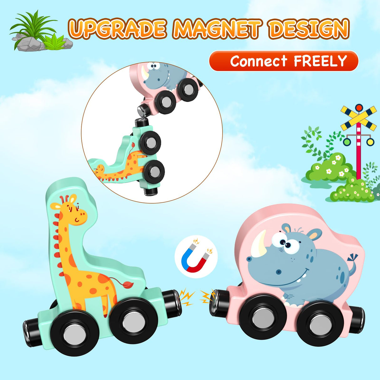 Zeoddler Toys for Toddlers, 11 PCS Magnetic Wooden Animals Train Set, Montessori Toys for Toddlers, Preschool Learning Activities for Kids, Birthday Zeoddler