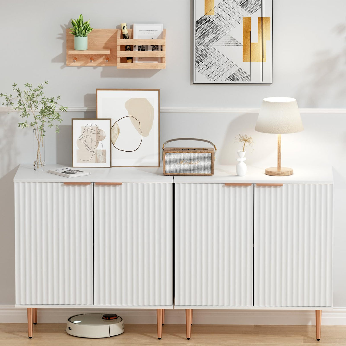 EOYUTLLY White Storage Cabinet,Wood Sideboard Buffet Cabinet with Fluted Textured & Rose Gold Colored Metal Legs, Accent Cabinet for Living EOYUTLLY